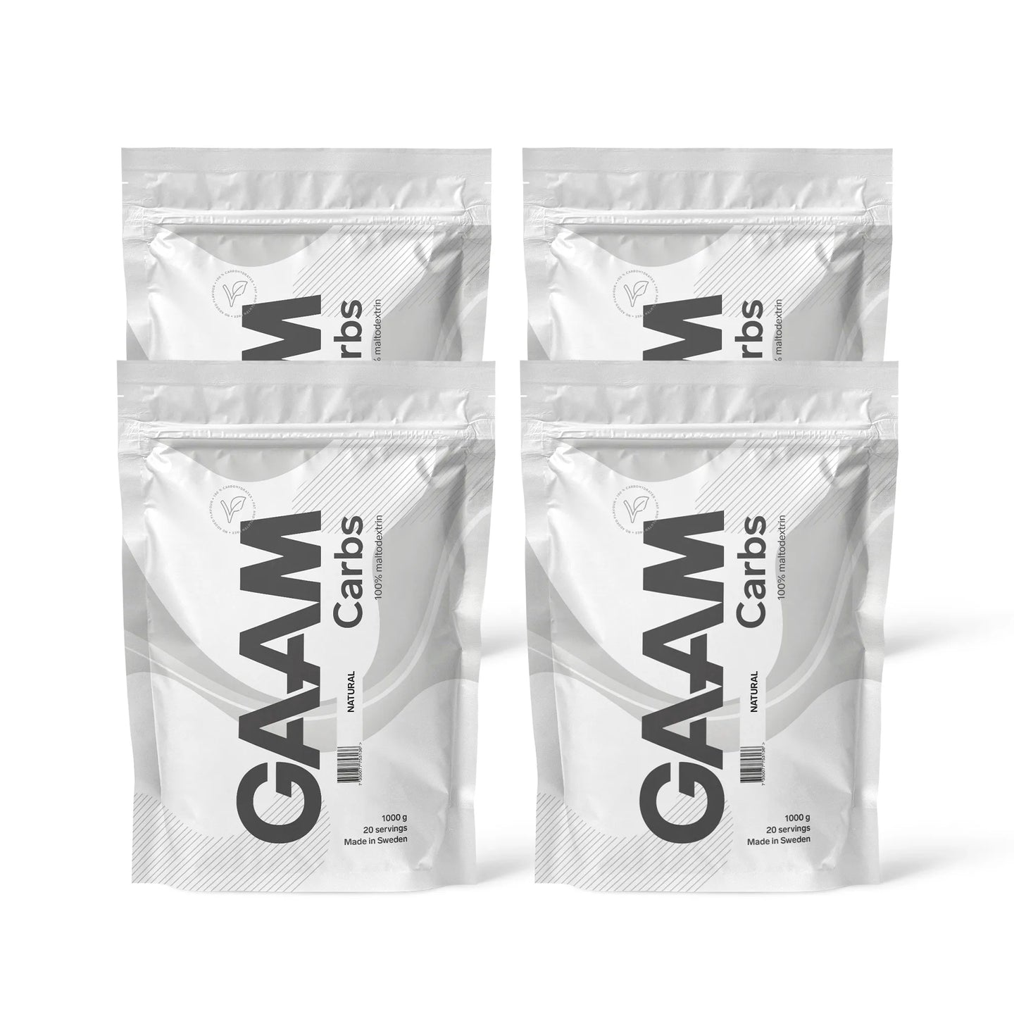 4 x GAAM Carbs - 100% Maltodextrin 1 kg i hvite poser med svarte detaljer for smaken Naturell.
