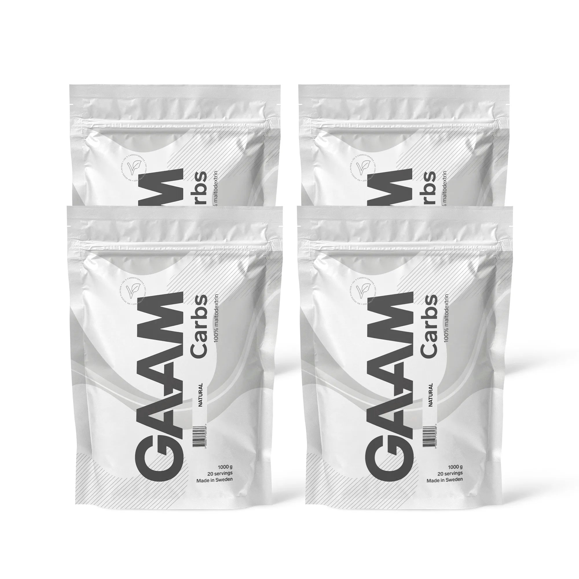 4 x GAAM Carbs - 100% Maltodextrin 1 kg i hvite poser med svarte detaljer for smaken Naturell.