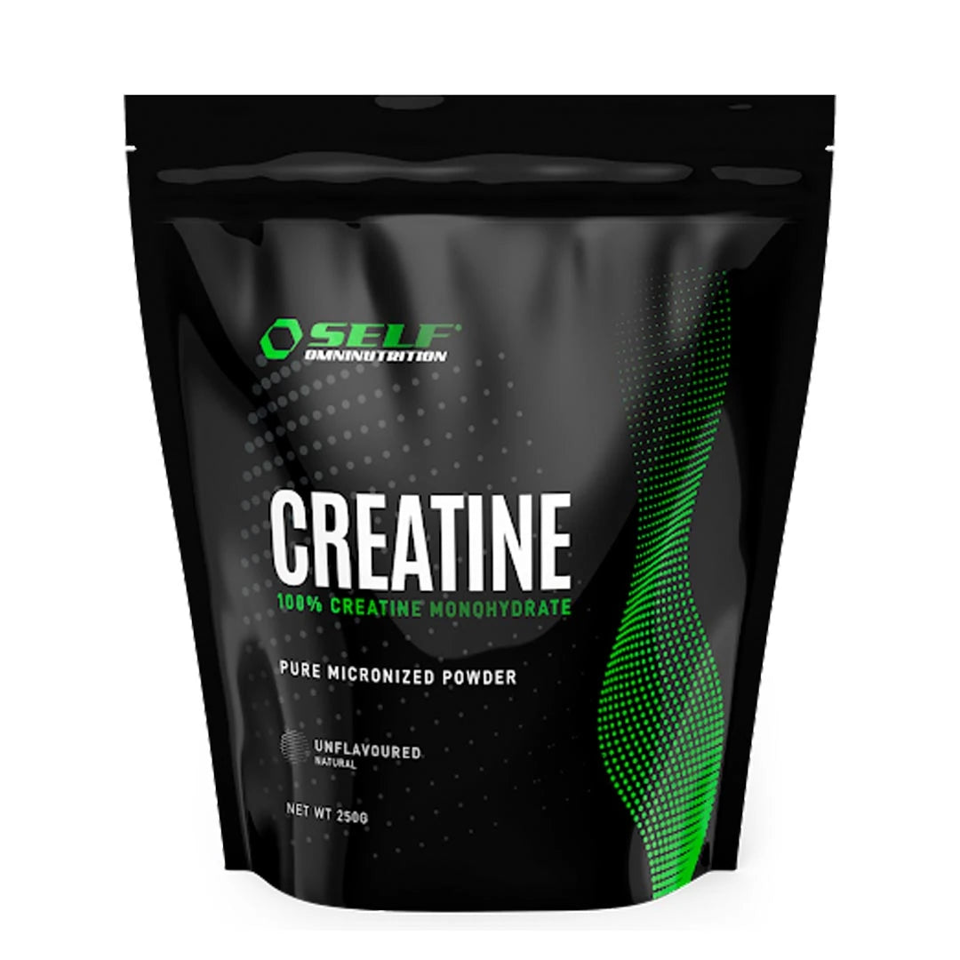 Self Omninutrition Creatine 250 g naturelt kreatinpulver i en svart pose med grønne grafiske detaljer.