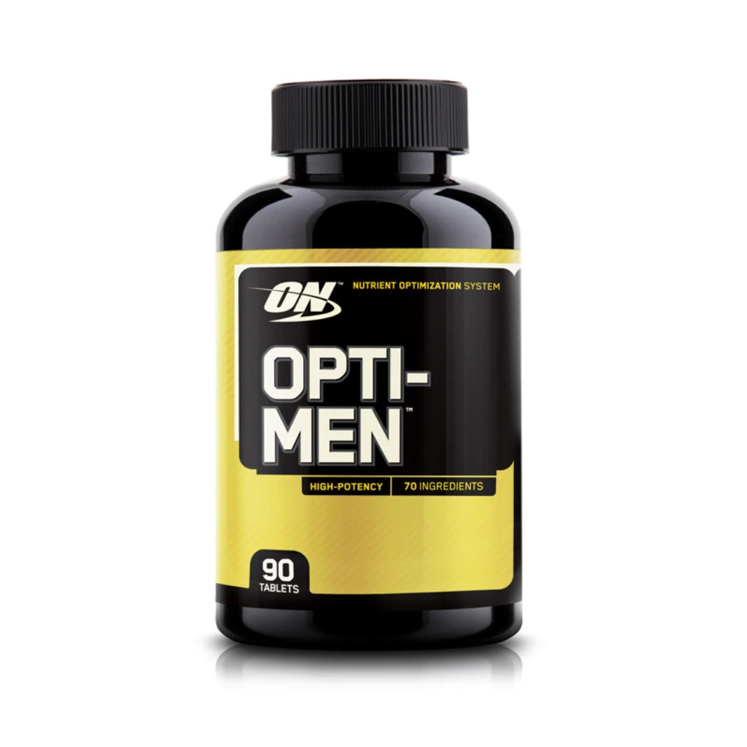 Optimum Nutrition Opti-Men 90 tabs i en svart boks med gul etikett og hvit tekst.