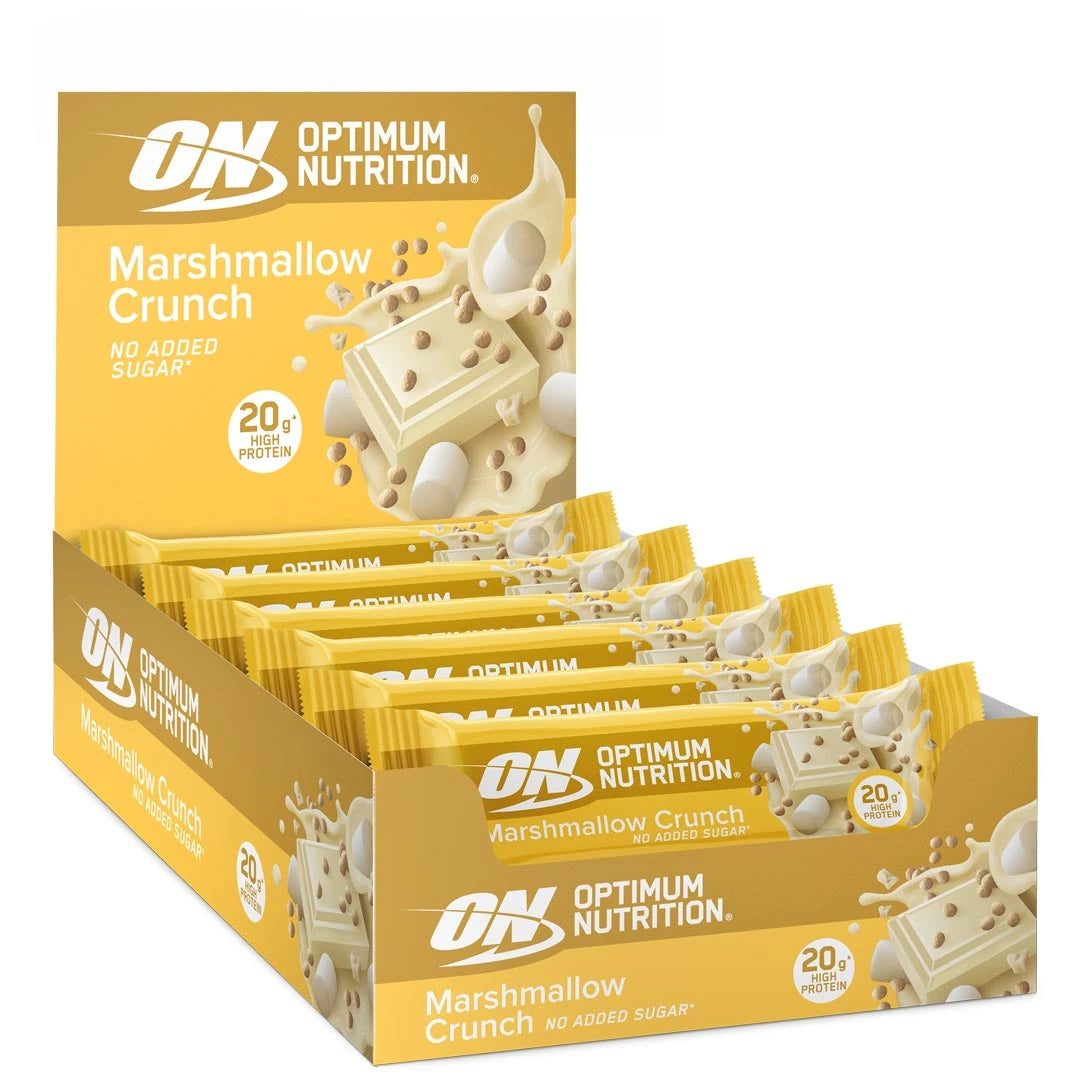 10 x Optimum Nutrition Protein Bar 65 g Marshmallow Crunch i en gul og hvit displayeske med matchende barer.