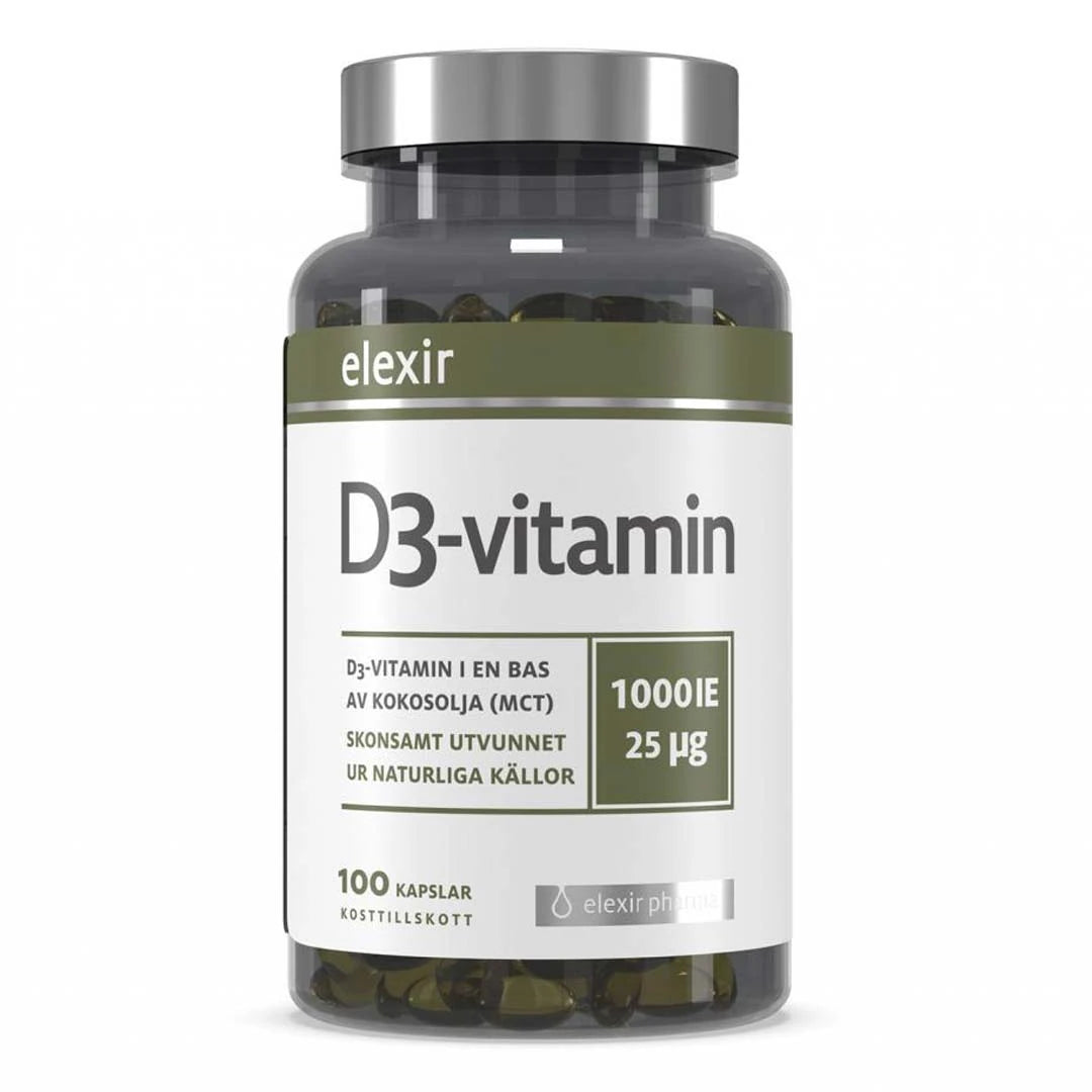 Elexir Pharma D3 Vitamin 1000IE 100 caps i en transparent boks med sølvlokk og hvit etikett med grønne detaljer.