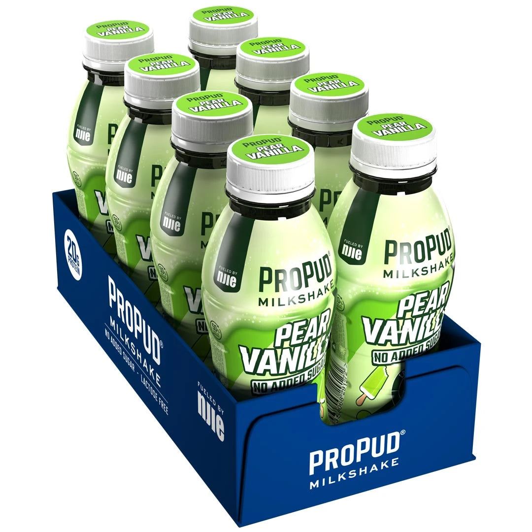 8 x NJIE ProPud Protein Milkshake 330 ml Pear Vanilla i lysegrønne flasker med hvite lokk i en blå forpakning.