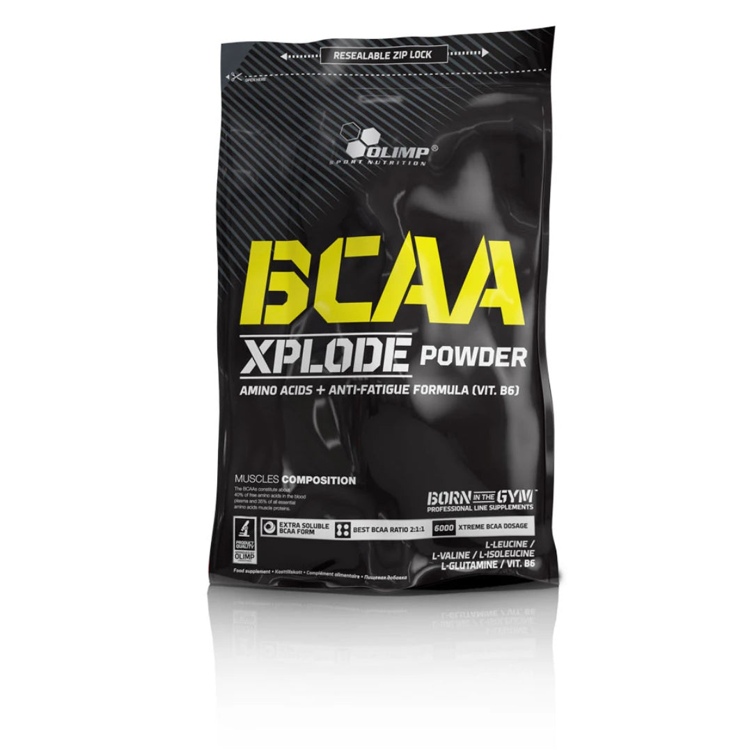 Svart pose med Olimp BCAA Xplode 1 kg aminosyrepulver med gule og hvite tekstdetaljer.
