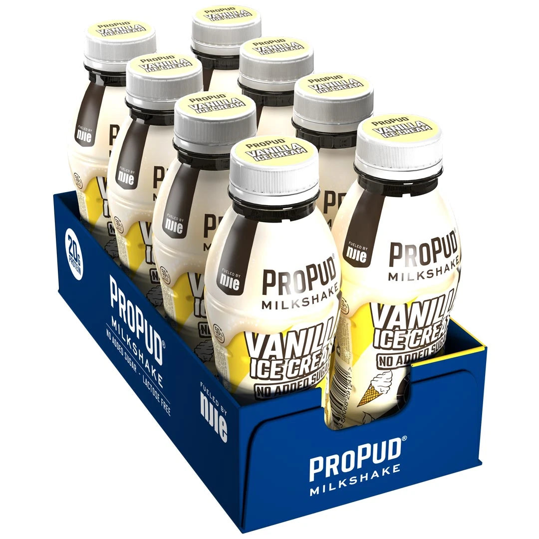 8 x NJIE ProPud Protein Milkshake 330 ml Vanilla Ice Cream i en blå eske fylt med kremhvite flasker.