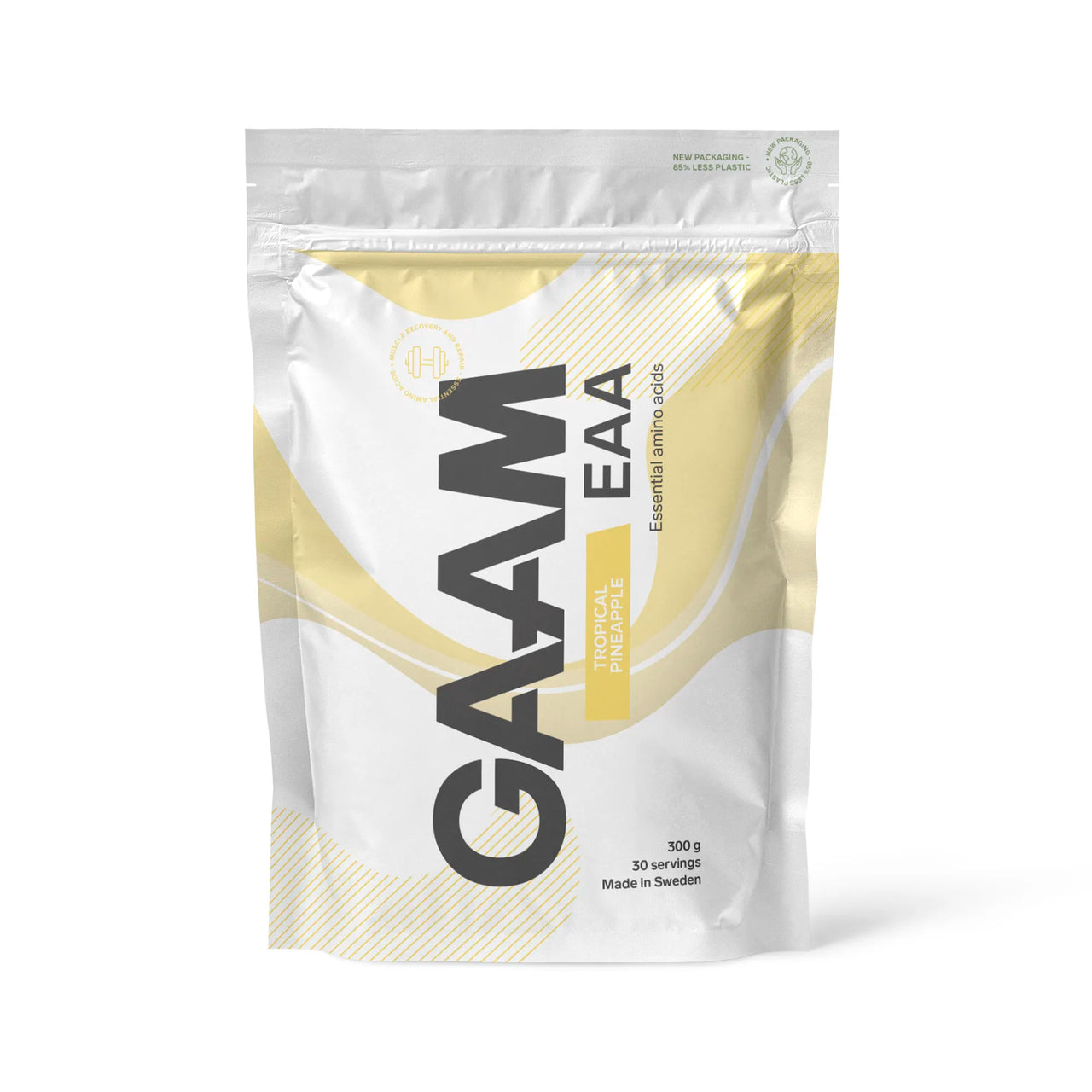 GAAM EAA 300 g aminosyrer i en hvit pose med gule detaljer for smaken Tropical Pineapple.
