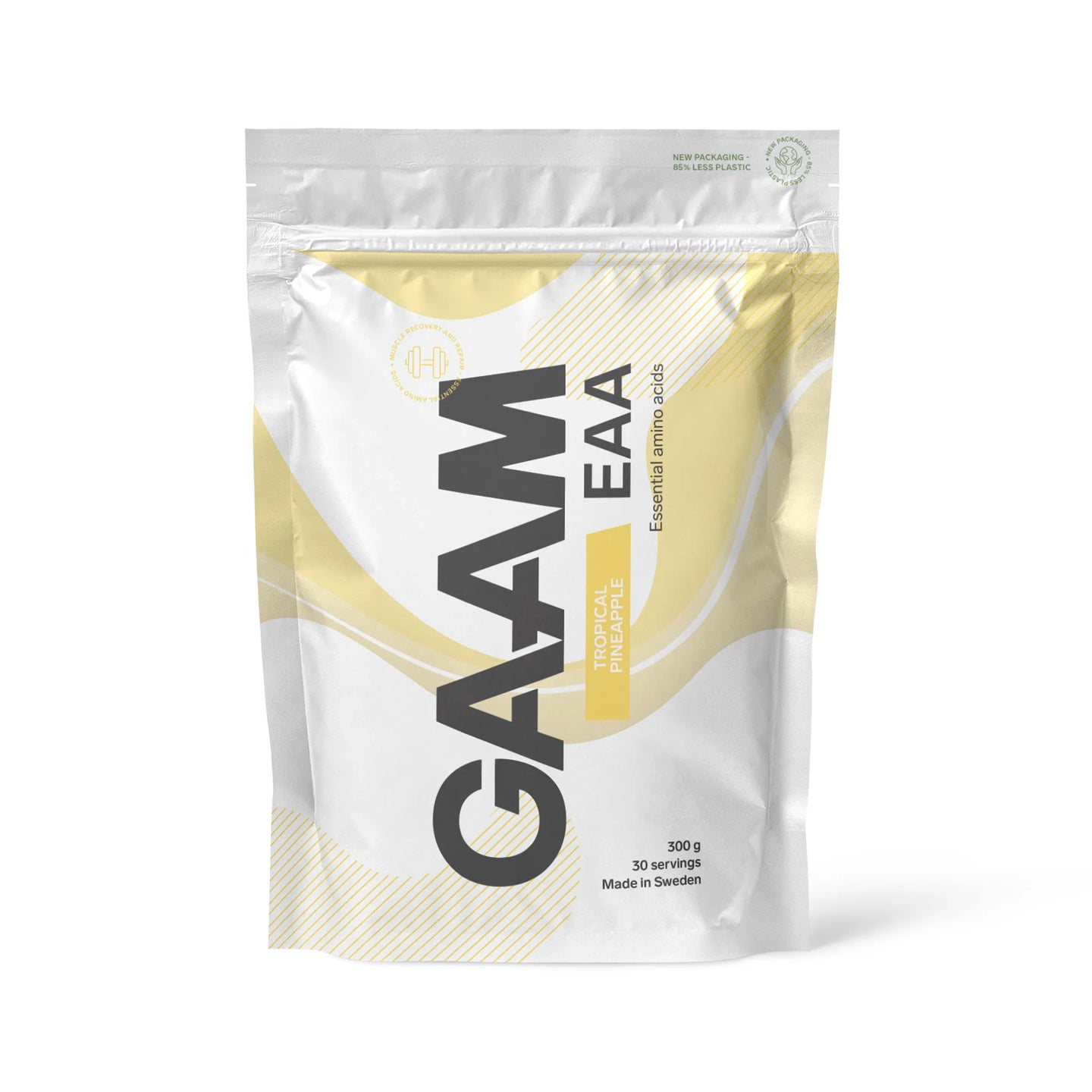 Hvit pose med GAAM EAA 300 g aminosyrer i smaken Tropical Pineapple.