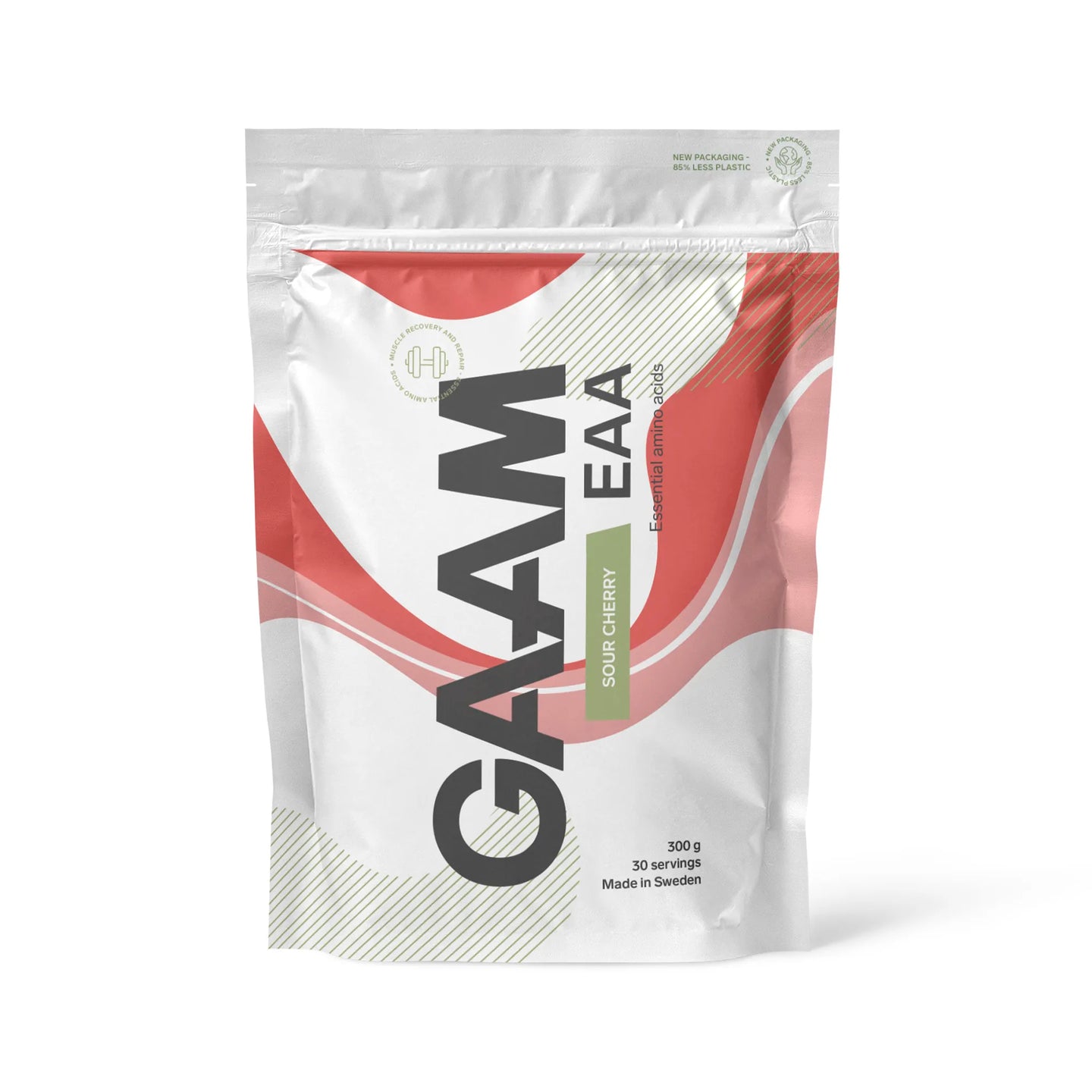 Hvit pose med GAAM EAA 300 g aminosyrer i smaken Sour Cherry.