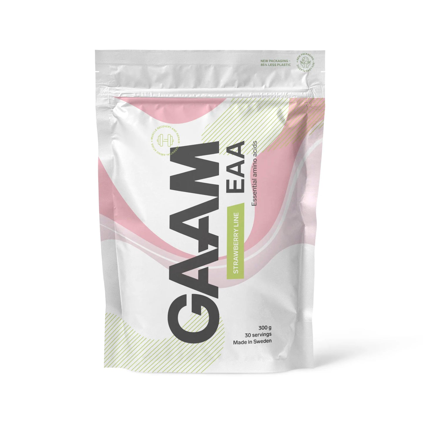 GAAM EAA 300 g aminosyrer i en hvit pose med rosa og grønne detaljer i smaken Strawberry Lime.
