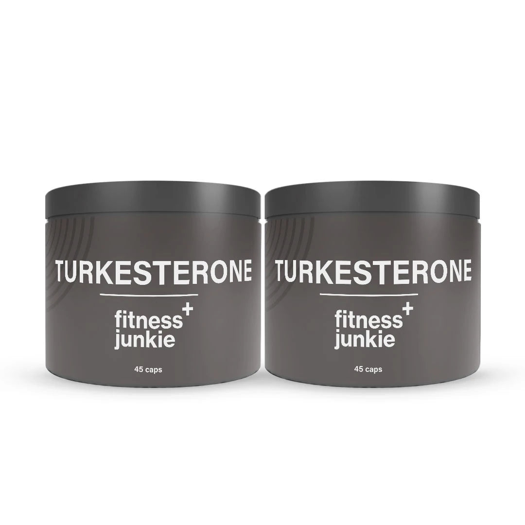 2 x fitnessjunkie Turkesterone 45 caps i to mørkegrå bokser med hvit tekst.