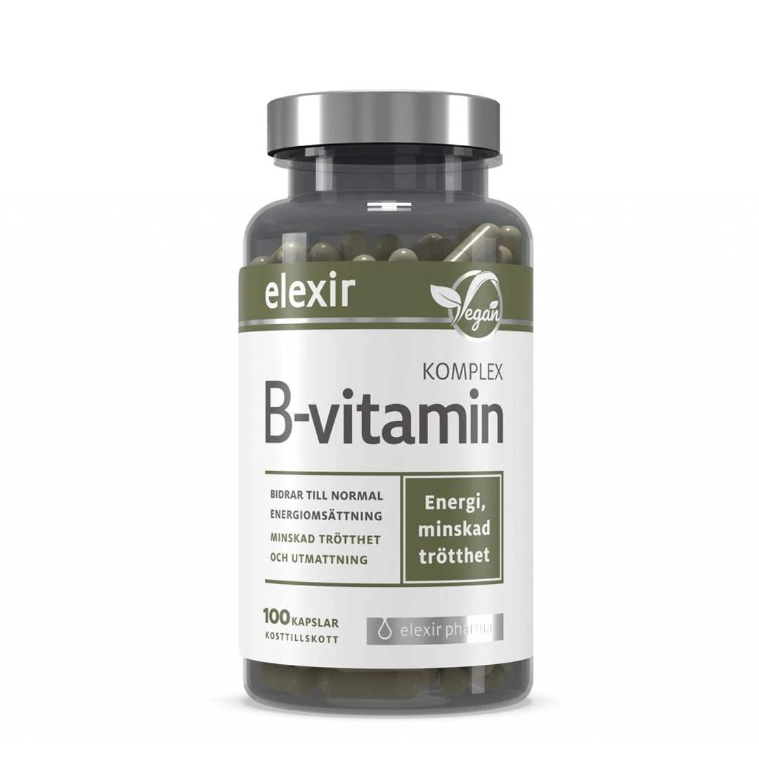 Elexir Pharma B-Vitamin Komplex 100 caps i en mørk, transparent boks med sølvlokk og hvit etikett.
