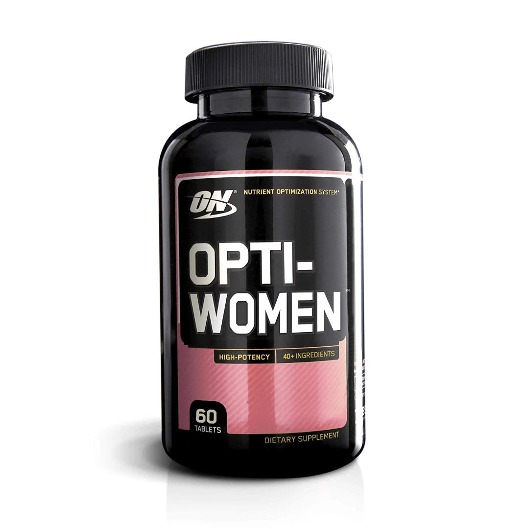 Optimum Nutrition Opti-Women 60 tabs kosttilskudd i en svart boks med rosa og svarte detaljer på etiketten.