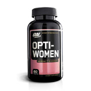 Optimum Nutrition Opti-Women 60 tabs kosttillskott i en svart burk med rosa och svarta detaljer på etiketten.