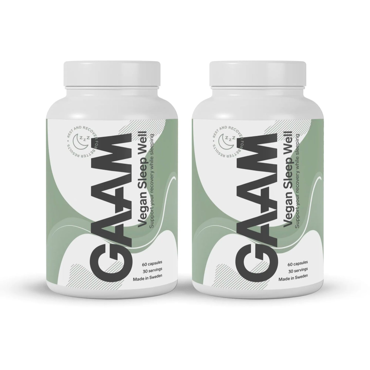GAAM Vegan Sleep Well 120 caps for restitusjon i to hvite bokser med grønne detaljer.