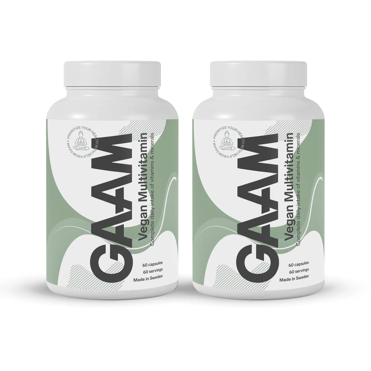 2 x GAAM Vegan Multivitamin 60 caps i to hvite bokser med grønn og hvit etikett.