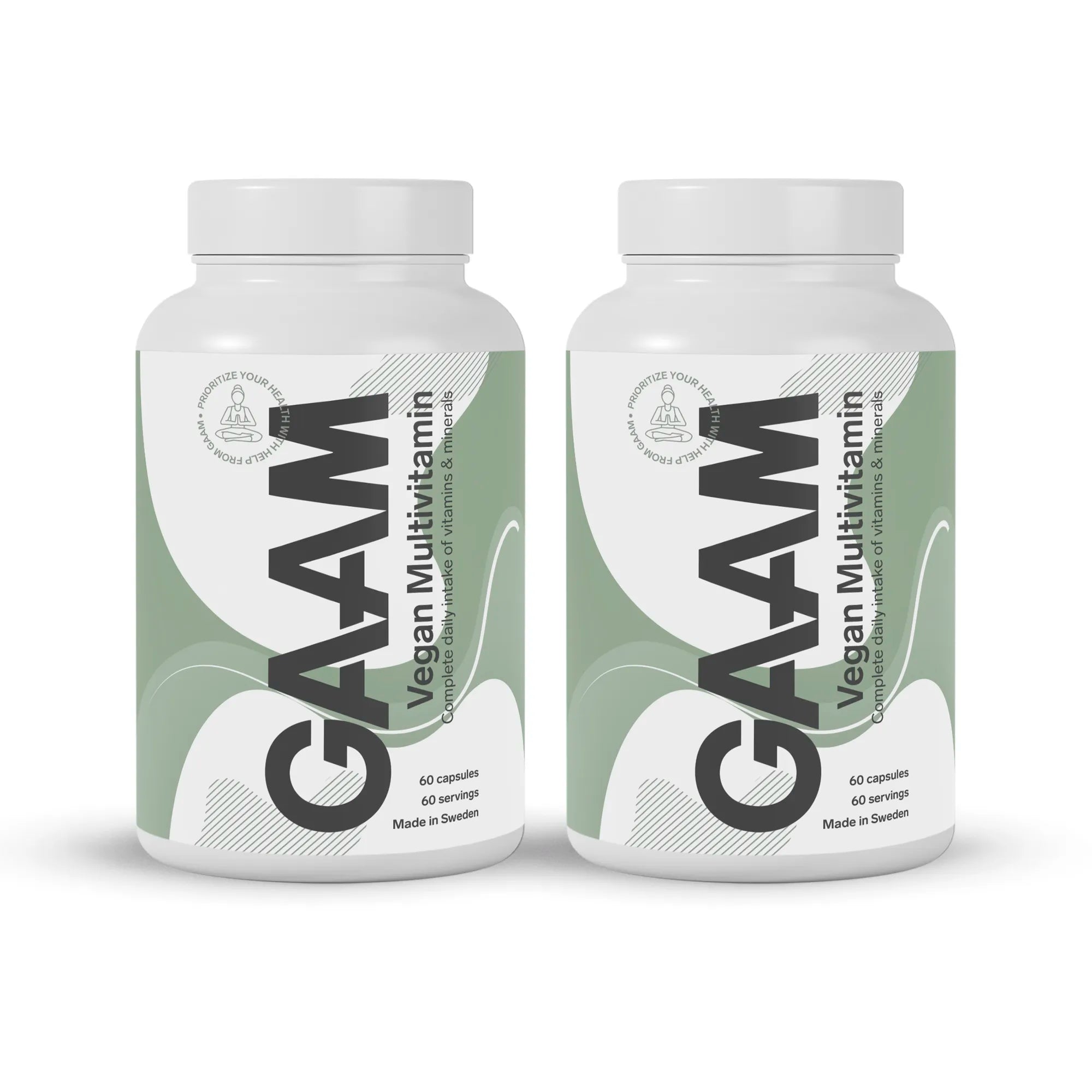 2 x GAAM Vegan Multivitamin 60 caps i to hvite bokser med grønn og hvit etikett.