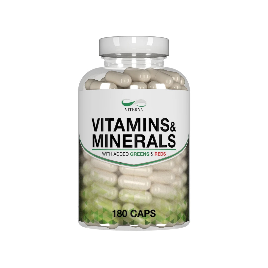 Viterna Vitamins & Minerals 180 caps i en gjennomsiktig boks med hvit etikett og grønne detaljer, fylt med lyse kapsler.