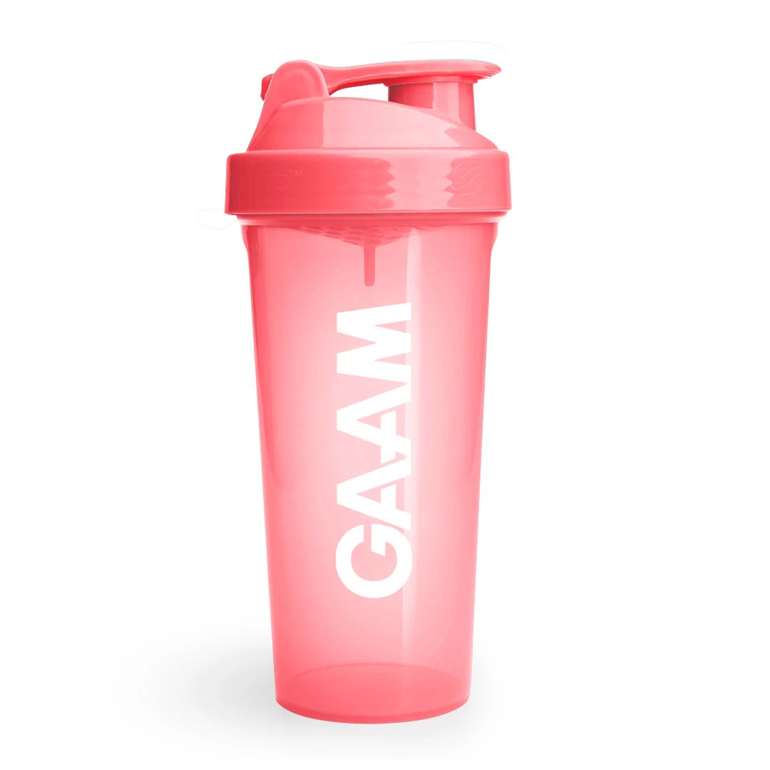 GAAM Shaker 800 ml i transparent korallfarge med skrukork og hvit logo for treningsdrikk., bilde 2 av 6