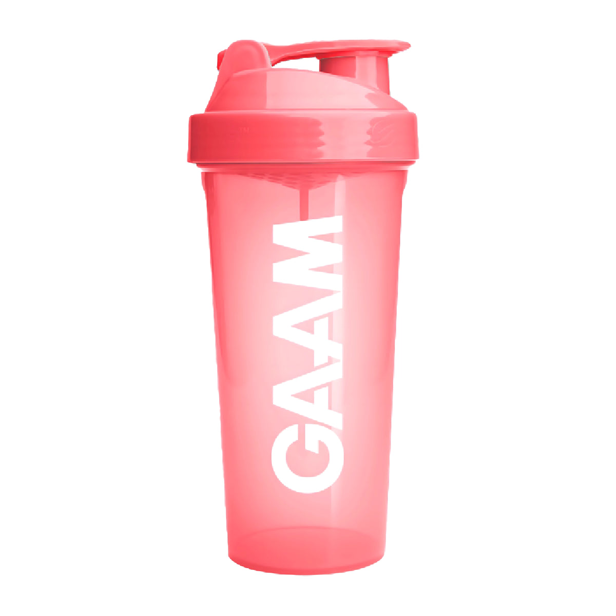 GAAM Shaker 800 ml i transparent korallrosa farge med hvit logo og matchende lokk.
