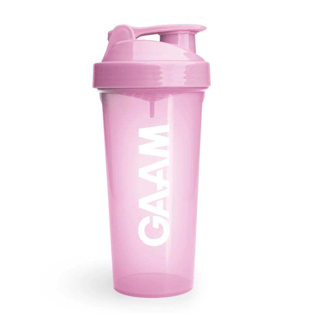 GAAM Shaker 800 ml i en transparent rosa farge med hvit logo og lekkasjesikkert lokk for treningsdrikker., bilde 4 av 6