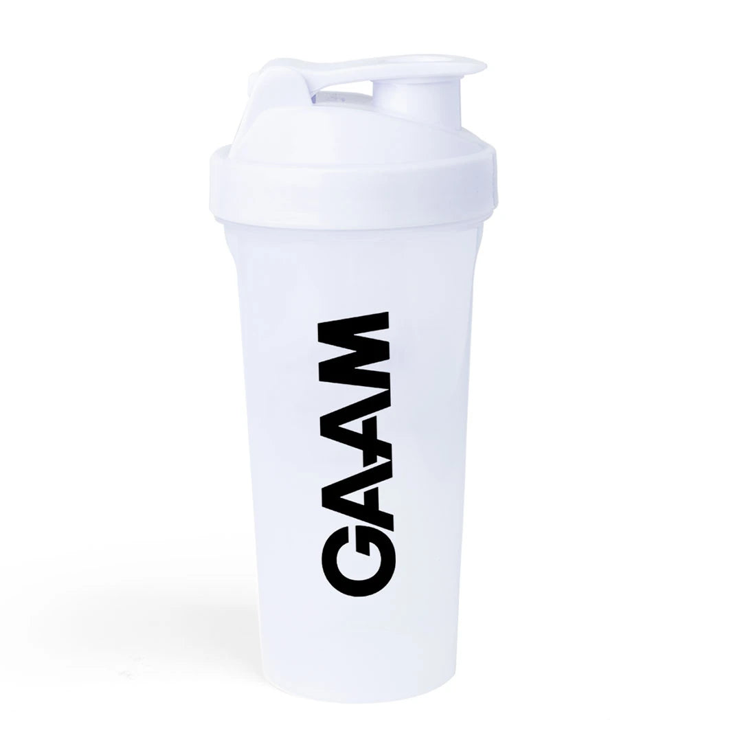GAAM Shaker 800 ml i hvitt, en transparent treningsflaske med svart logo og skrukork., bilde 5 av 6