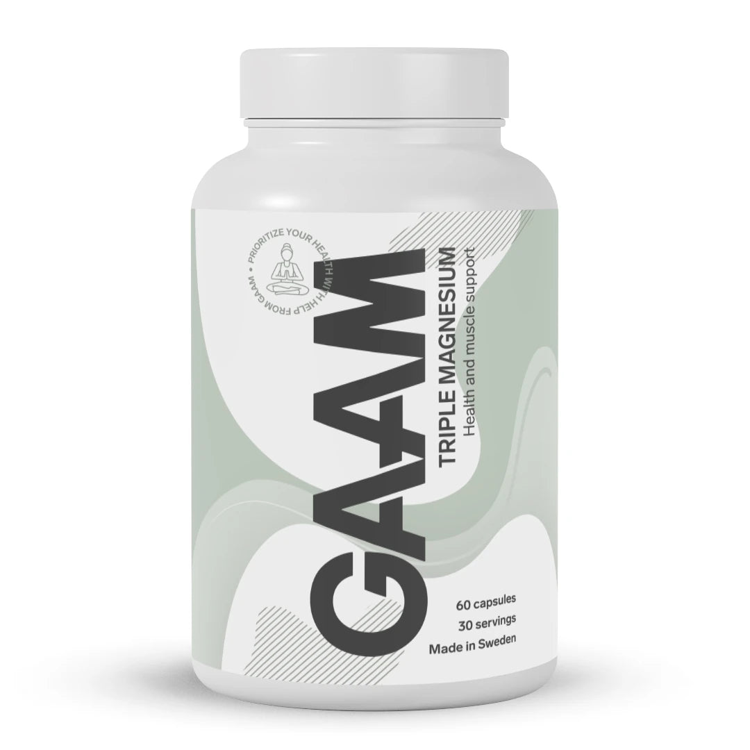 GAAM Triple Magnesium 60 caps, magnesiumtilskudd pakket i en hvit boks med lysegrønne detaljer.