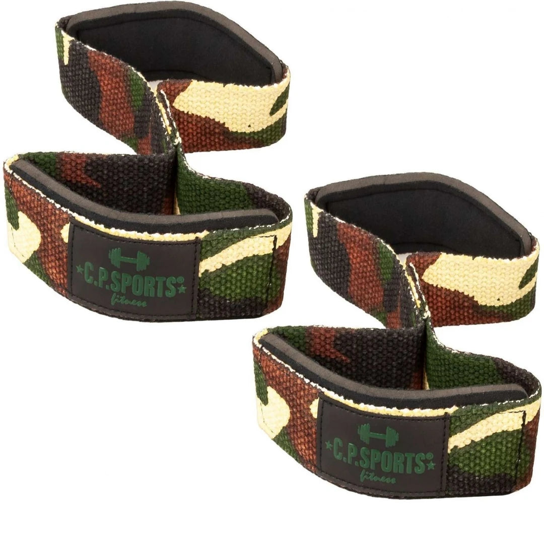 Et par C.P. Sports Figure 8 Straps Lifting Loops Green Camo drareimer i grønn kamuflasjefarget bomull.