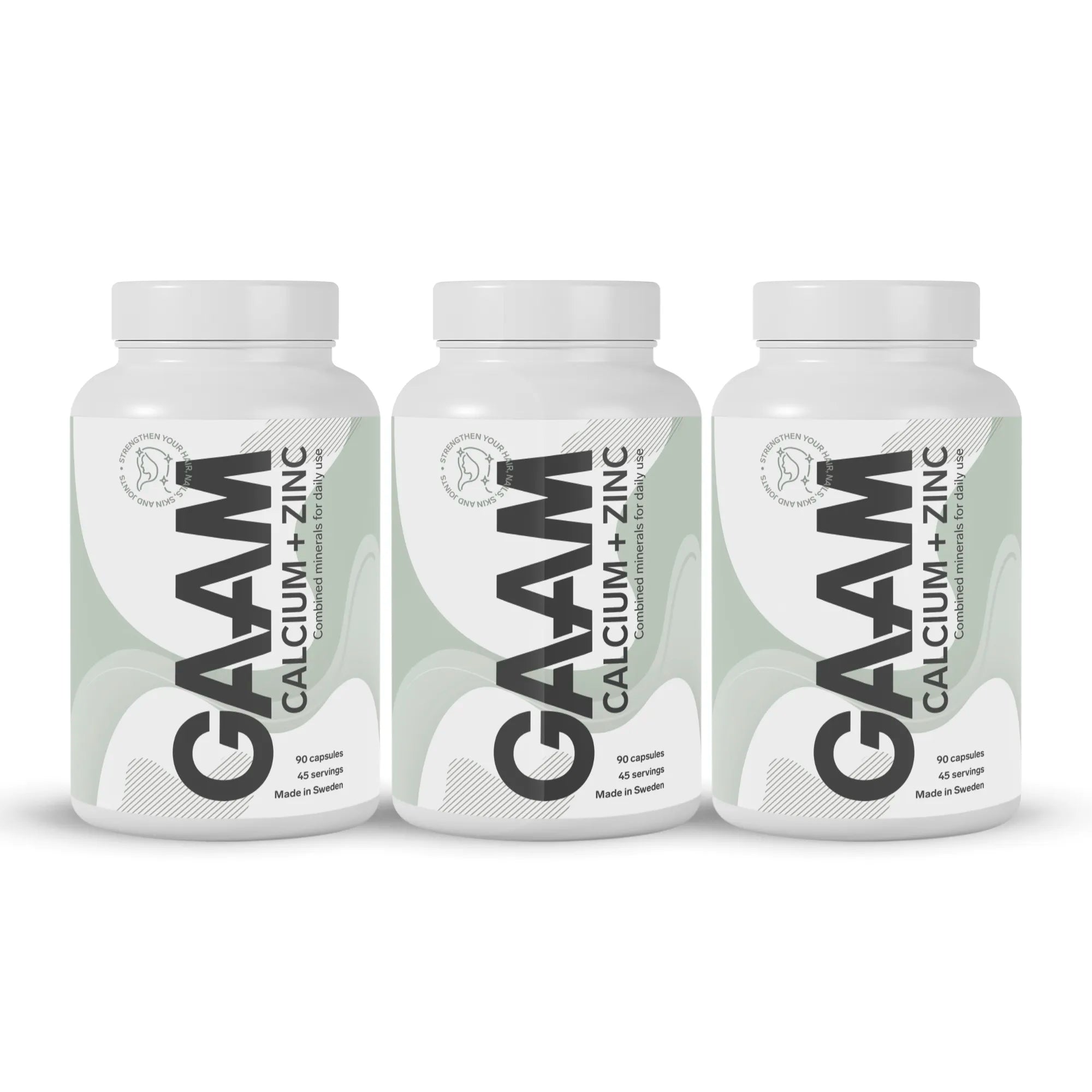 3 x GAAM Calcium + Zinc 90 caps i hvite bokser med grønnhvite etiketter og svarte detaljer.