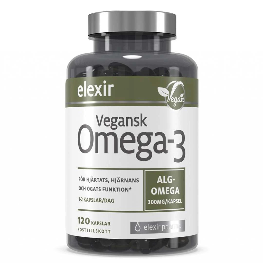 Elexir Pharma Vegan Omega-3 120 caps kosttilskudd i en mørk boks med sølvlokk og grønnhvit etikett.
