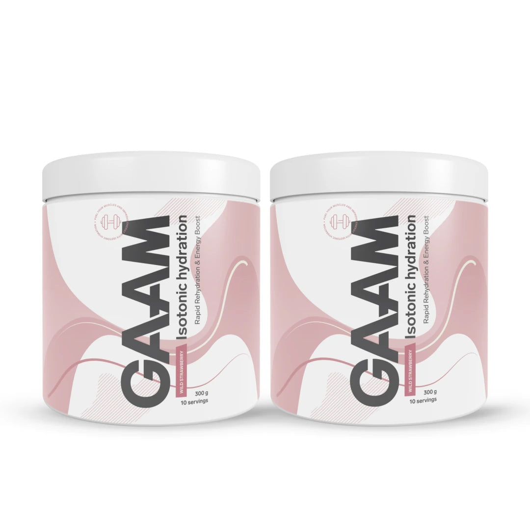 2 x GAAM Isotonic Hydration 300 g i to hvite bokser med rosa detaljer for smaken Wild Strawberry.