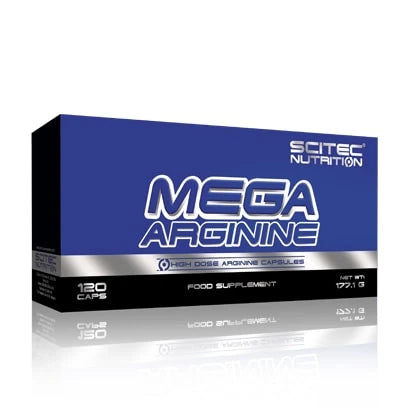 Scitec Nutrition Mega Arginine 120 caps aminosyretilskudd i en blå og svart kartong med sølvdetaljer.