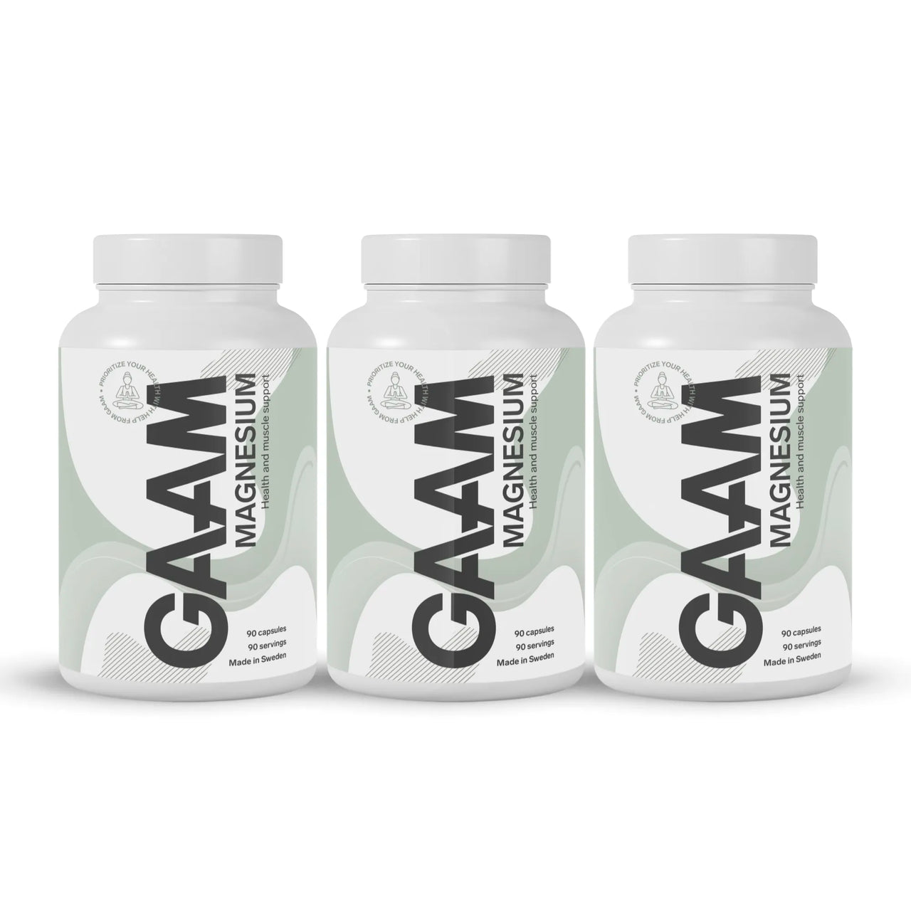 3 x GAAM Magnesium 90 caps i tre hvite bokser med lysegrønne detaljer og svart tekst.