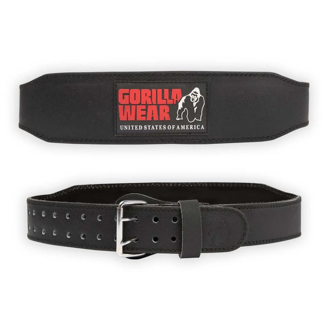 Gorilla Wear 4 Inch Padded Leather Belt Black/Red, et svart treningsbelte i skinn med rød logo og metallspenne.