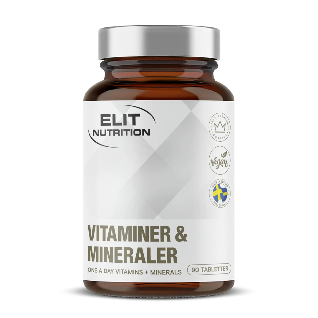 Elit Nutrition Multi Well 90 tabs i en mørkebrun boks med hvit etikett og sølvfarget lokk for et daglig tilskudd.