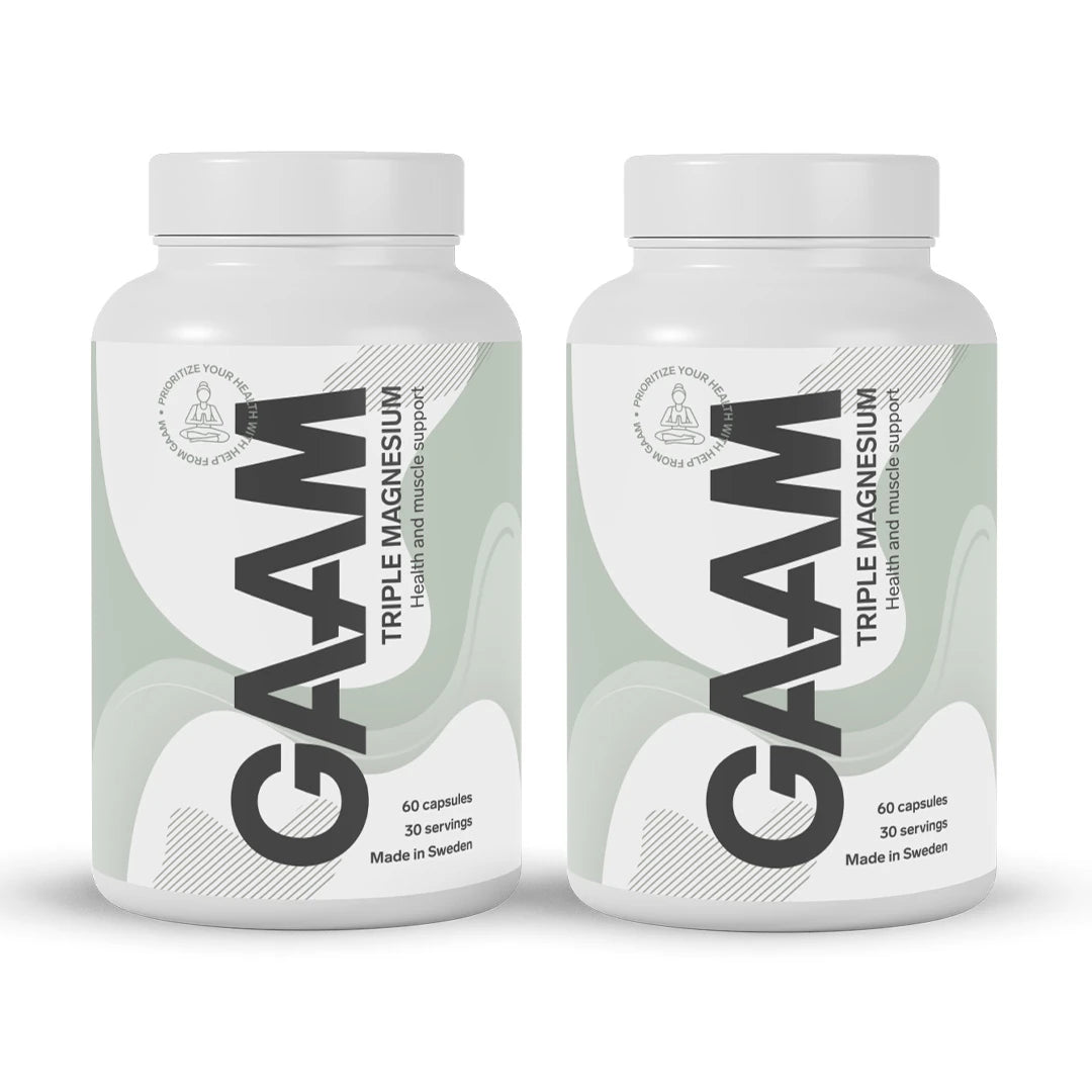 2 x GAAM Triple Magnesium 60 caps i to hvite bokser med lysegrønne detaljer og svart tekst.