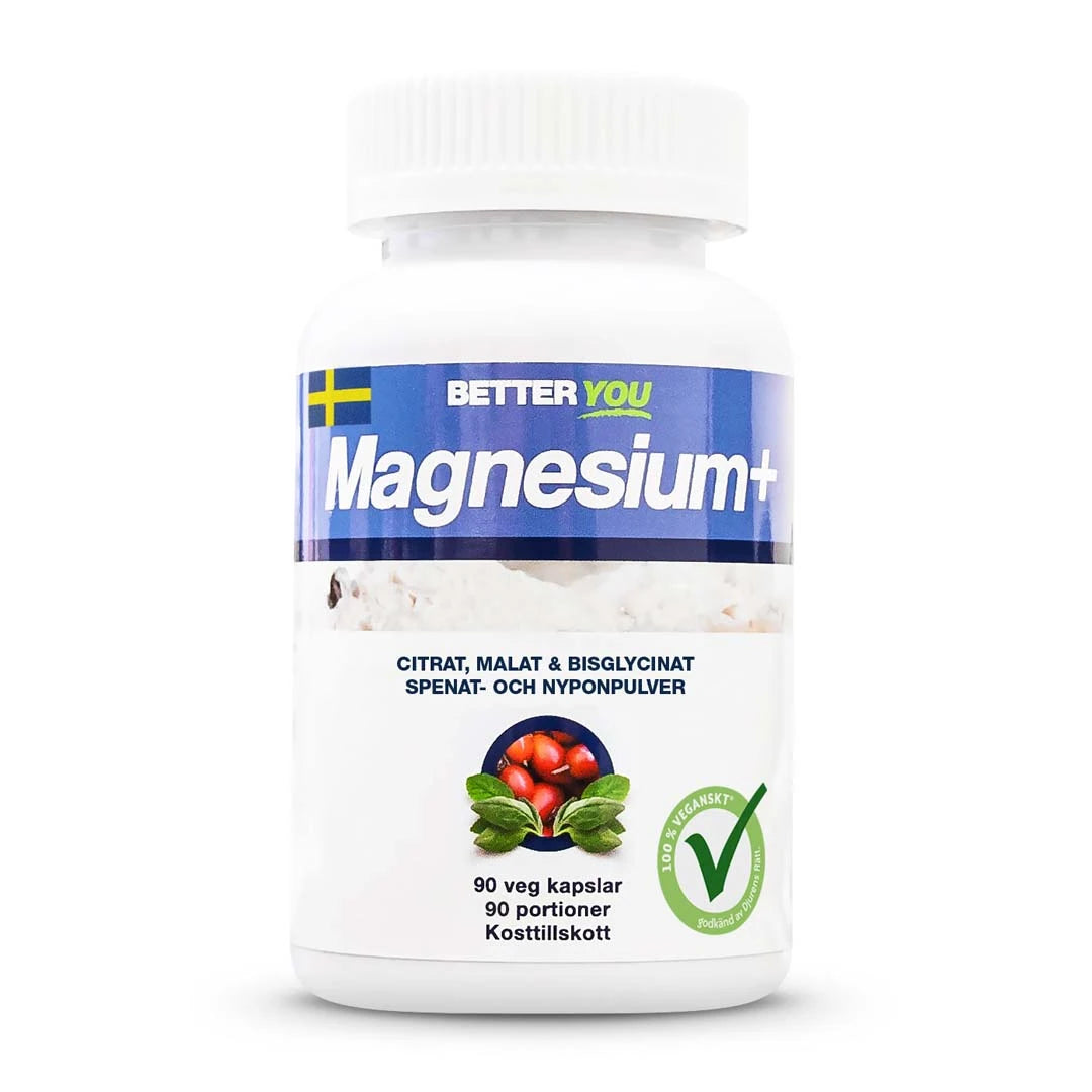 Better You Magnesium Plus 90 caps kosttilskudd i en hvit boks med blå og hvit etikett samt en grønn vegansk logo.