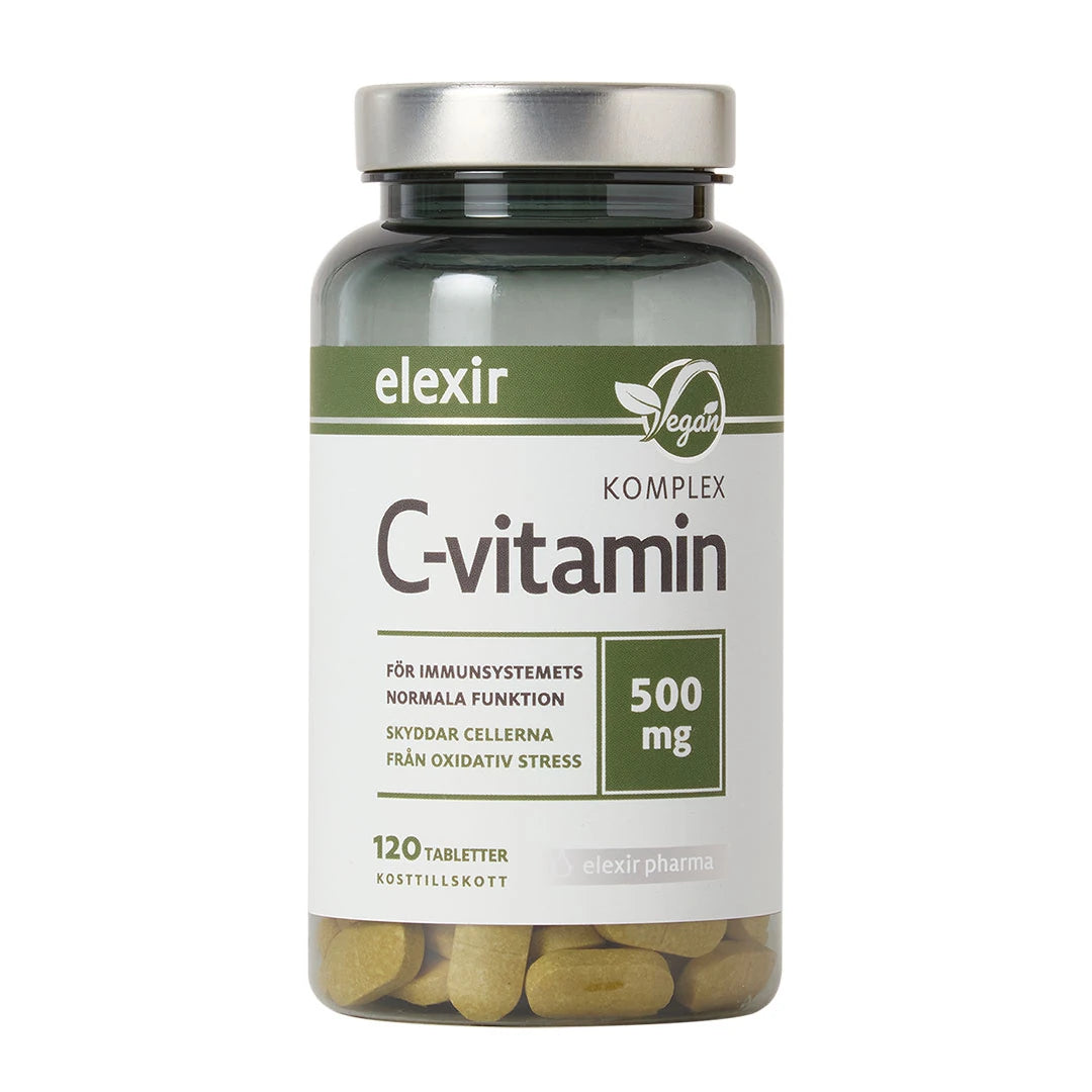 Elexir Pharma C-Vitamin Komplex 120 tabs, veganske vitamintabletter i en mørk boks med hvit etikett og sølvlokk.