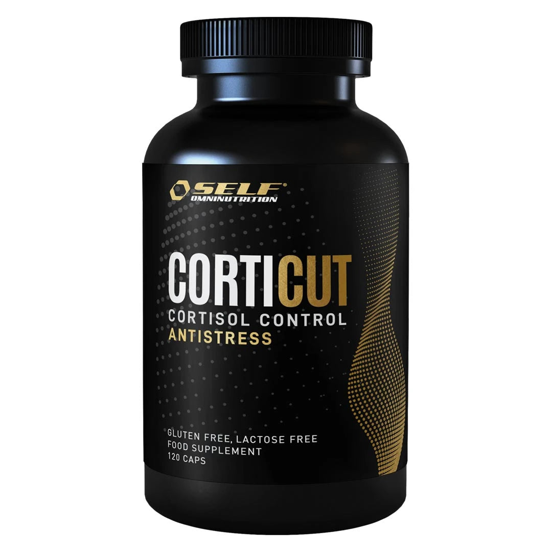 Self Omninutrition Corticut 120 caps, kosttilskudd i en svart boks med hvit tekst og gulldetaljer.