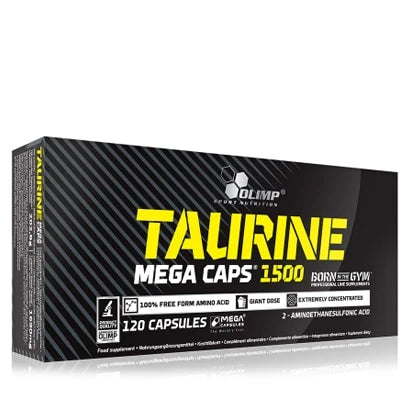 Olimp Taurine Mega caps 120 caps aminosyretilskudd i en svart kartong med gule og hvite tekstdetaljer.