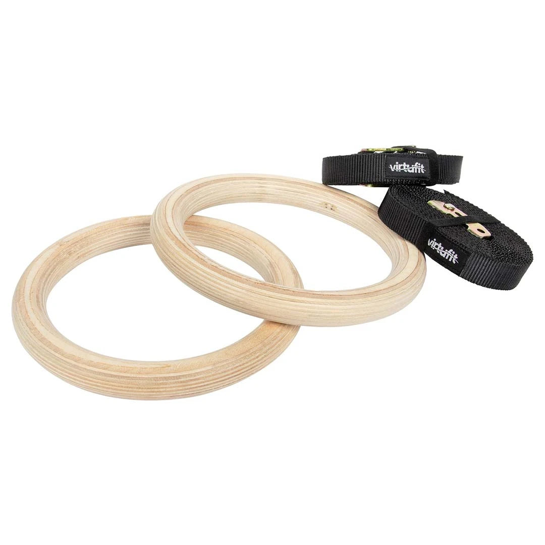 Virtufit Gymnastic Gym Rings i lyst tre med svarte nylonstropper for hjemmetrening.