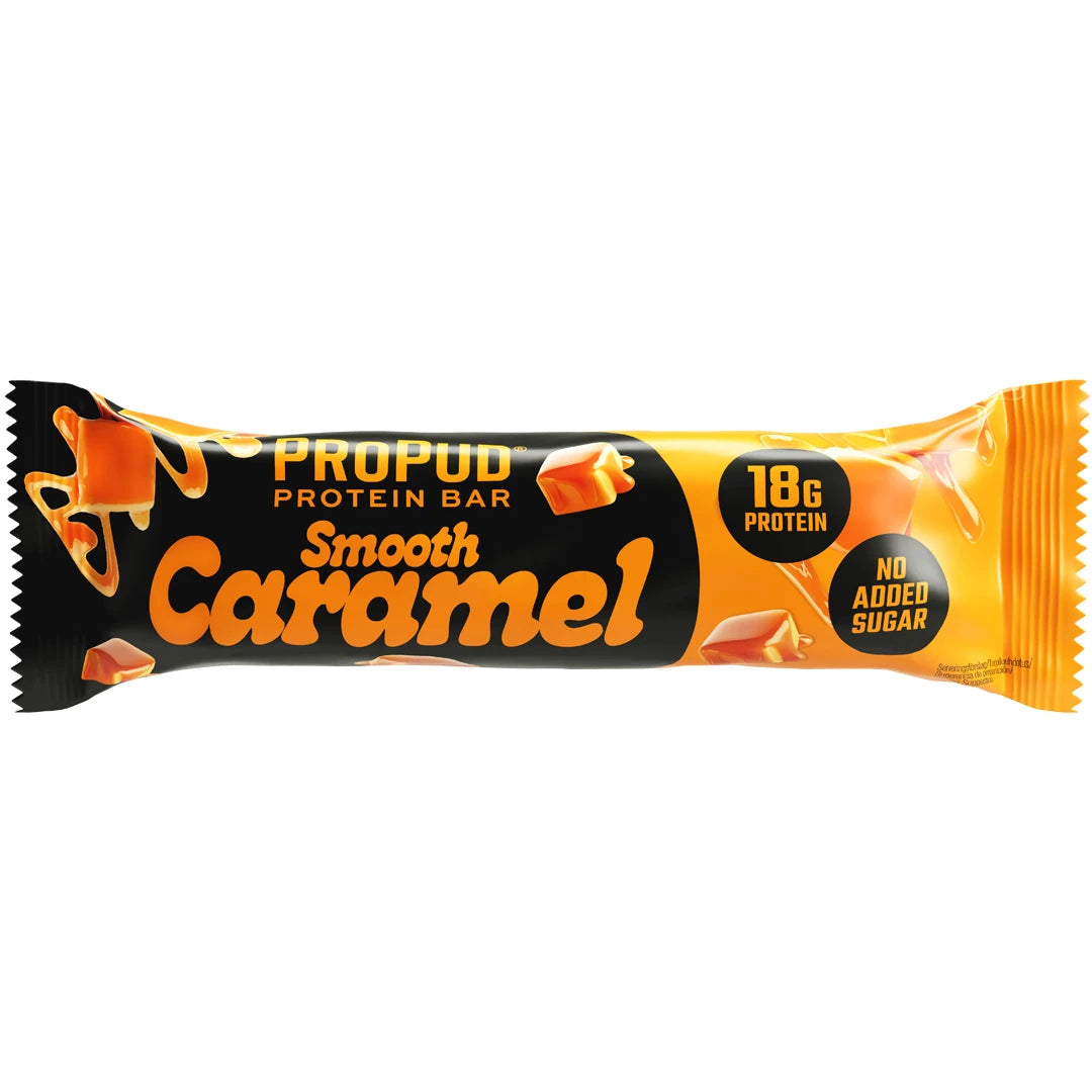 NJIE ProPud Proteinbar 55 g i en svart og oransje forpakning for smaken Smooth Caramel., bilde 2 av 8