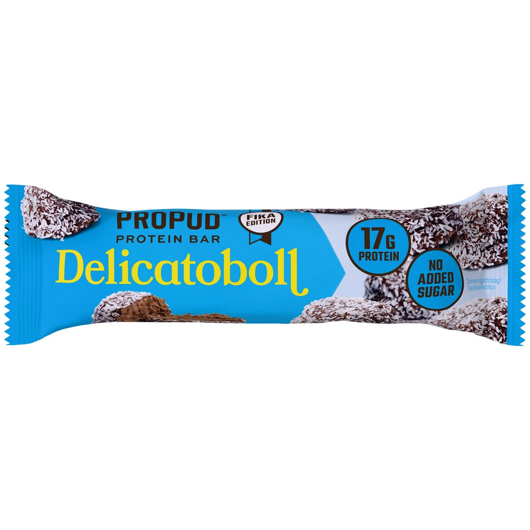 NJIE ProPud Proteinbar 55 g i en lyseblå forpakning med sjokoladeboller for smaken Delicatoboll., bilde 3 av 8
