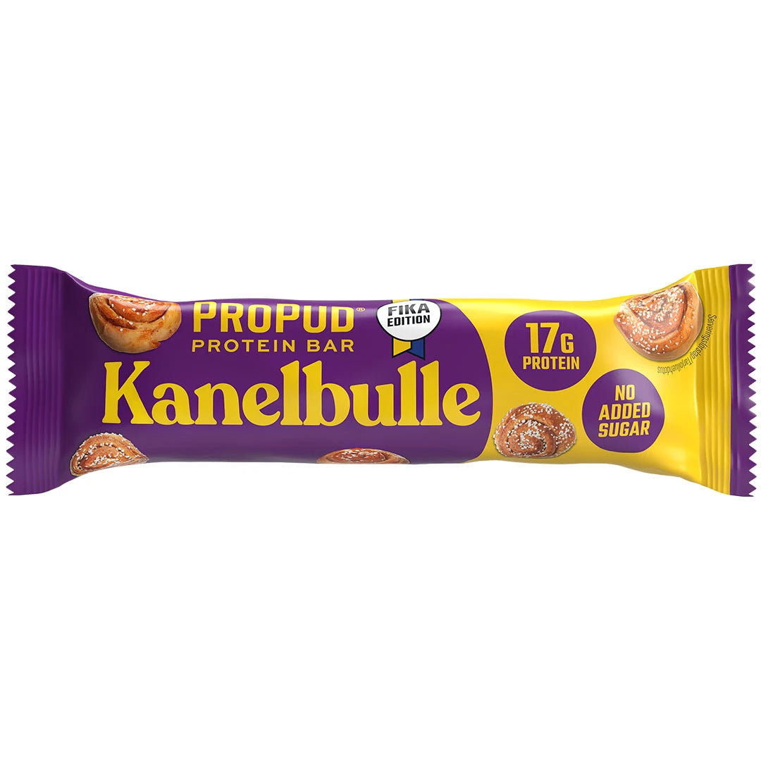 NJIE ProPud Proteinbar 55 g i en lilla og gul forpakning for smaken Kanelbolle., bilde 5 av 8