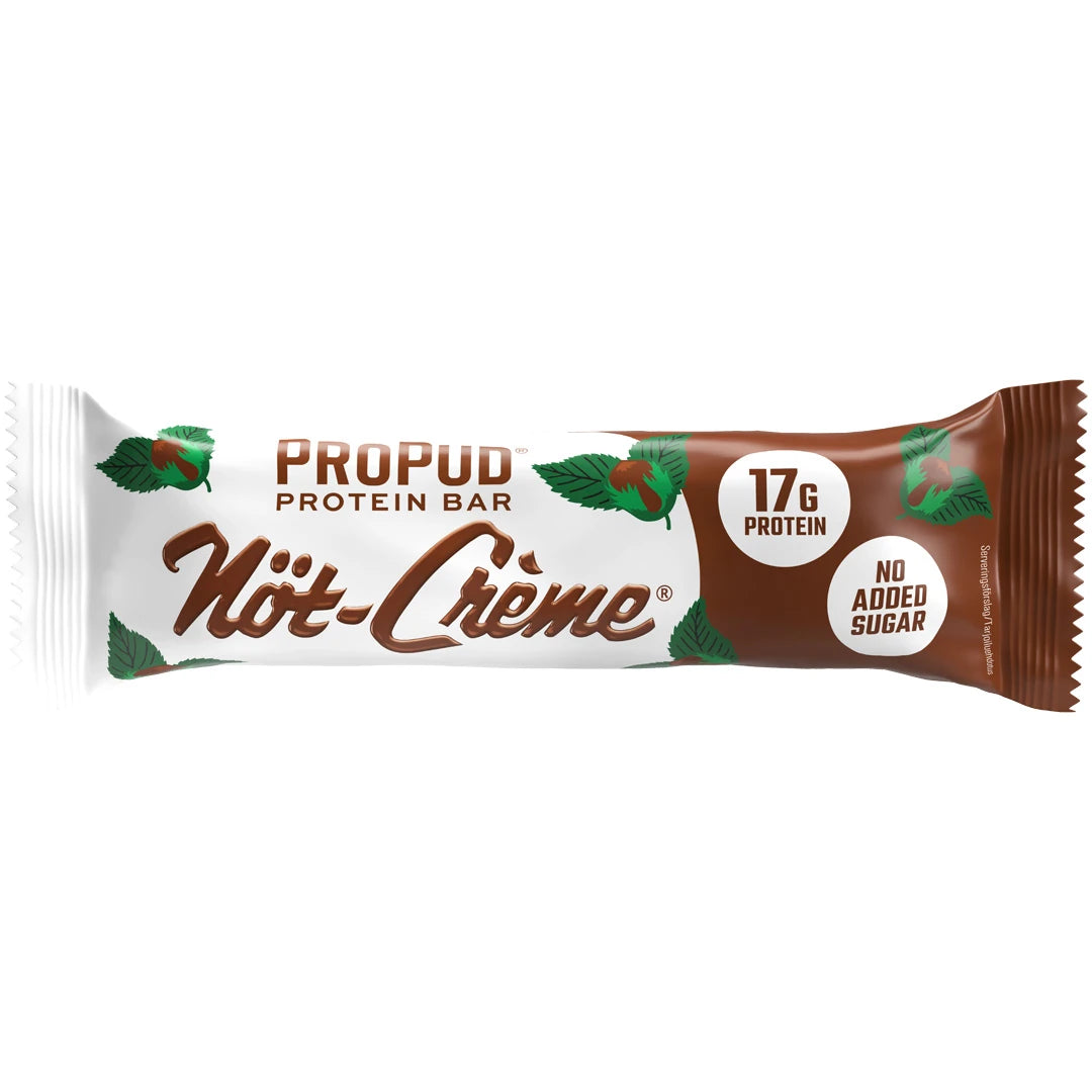 NJIE ProPud Proteinbar 55 g i en hvit og brun emballasje med hasselnøtter for smaken Nöt-crème., bilde 6 av 8