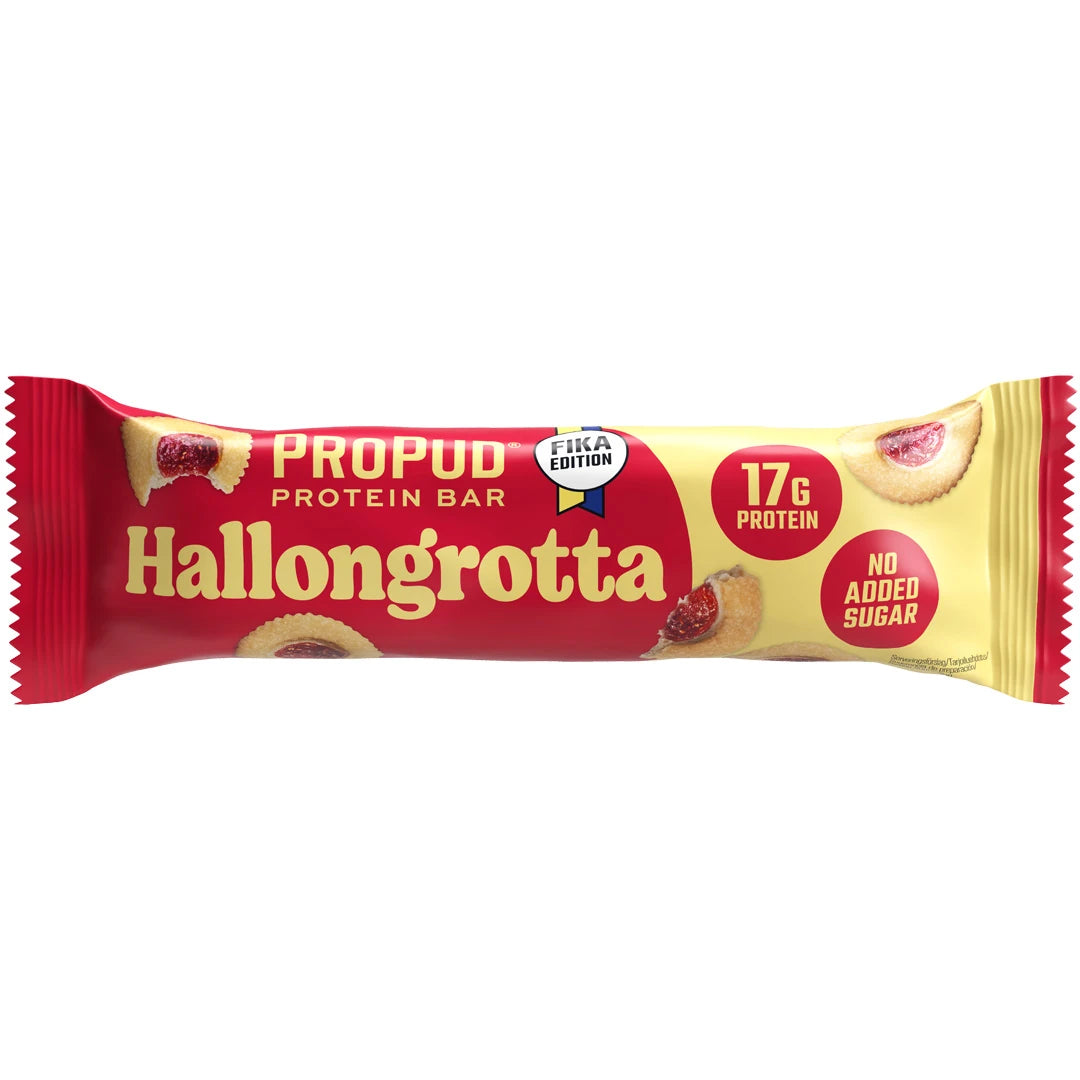 NJIE ProPud Proteinbar 55 g i en rød og gul forpakning for smaken Hallongrotta., bilde 7 av 8