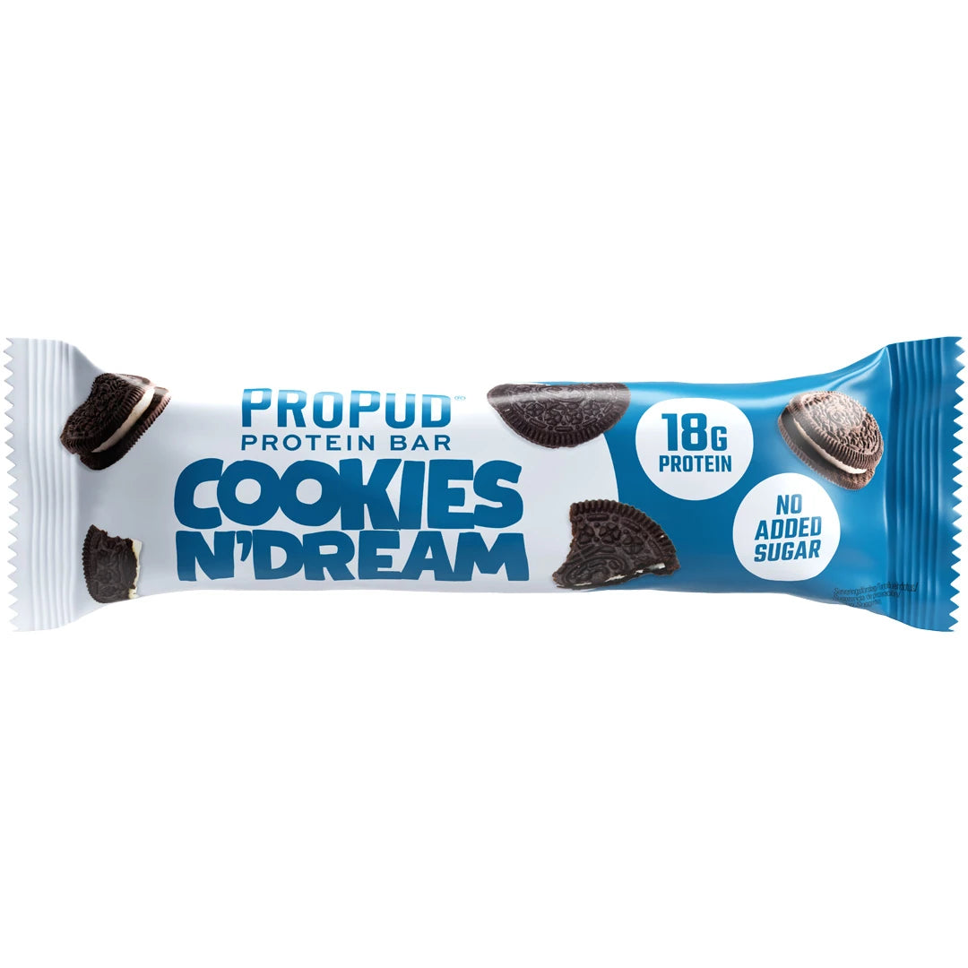 NJIE ProPud Proteinbar 55 g i en hvit og blå forpakning for smaken Cookies N' Dream., bilde 8 av 8