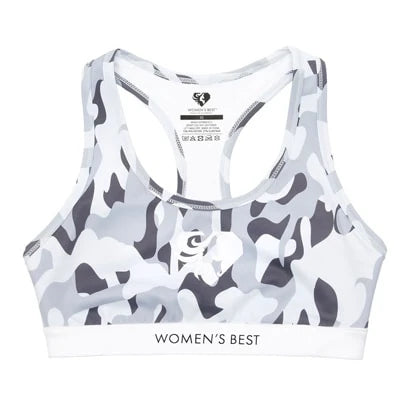 Womens Best Camo Fit Bra sports-BH i hvitt og grått kamuflasjemønster med et elastisk logobånd.