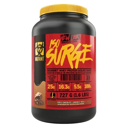 Mutant Nutrition ISO Surge 2,27 kg proteinpulver i en svart boks med gult lokk og rød etikett.