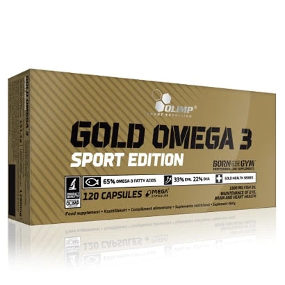Olimp Gold Omega-3 Sport Edition 120 caps i en rektangulær gullfarget eske med svarte detaljer.