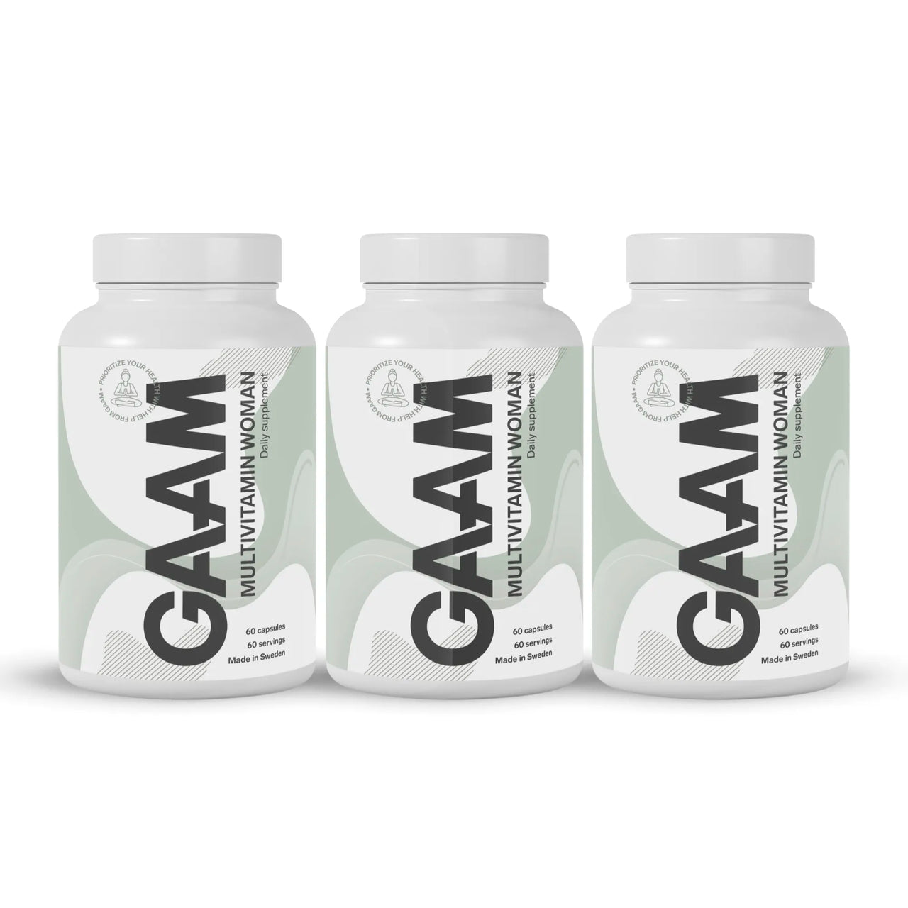 3 x GAAM Multivitamin Woman 60 caps kosttilskudd i tre hvite bokser med lysegrønne detaljer.